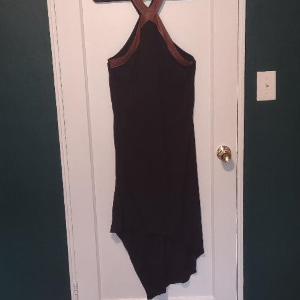 Asymmetrical Black Dress with Faux Leather Neck Size L